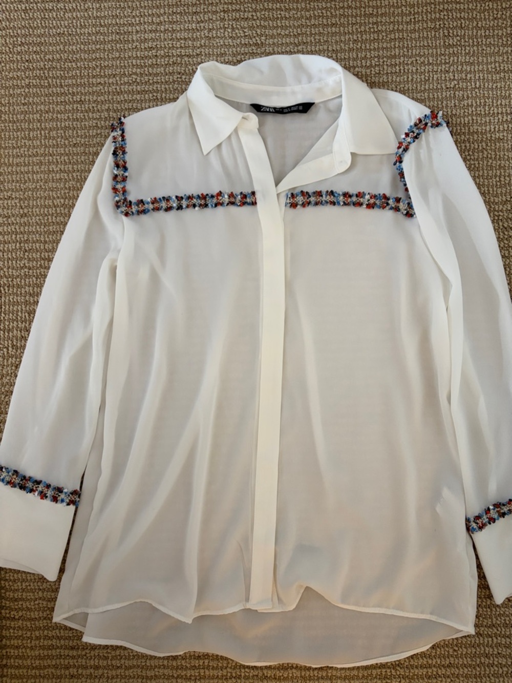 Zara White Sheer Button-Front Blouse with Multicolor Trim